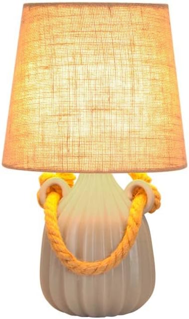 BarcelonaLED Lámpara de Mesa Cerámica Rústica con Cuerda Cáñamo Base de Porcelana de Relieve Verdosa y Pantalla de Tela Beige Casquillo E27 para Dormitorio Mesita de Noche