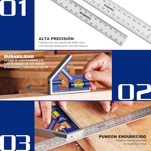 Miniatura 4 de Workpro Escuadra Carpintero, Escuadra Combinada Ajustable, 2 Piezas Regla De Ángulo De Acero Inoxidable De 150mm 300mm, Cuadrado Con Nivel De Burbuja, Escuadra Para Carpintería Herramienta De Medición