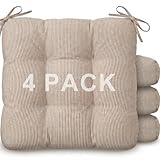 Geetery Khaki and White 4 Pack Ticking Stripe Chair Cushions with Ties, 16'x15' Reversible Indoor Chair Pads for Dining Chairs, Soft Kitchen Seat Cushions for Home Office Living Room