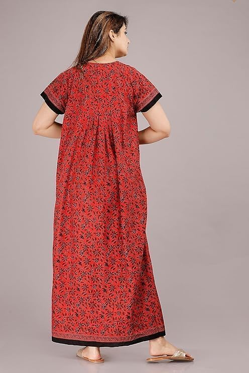 Image of NILOUFO Women's Cotton Printed Maxi Nighty - Pack of 2 | Soft Ankle-Length Sleepwear Gowns for Women | Free Size Night Dresses (Red,Blue, Free Size)