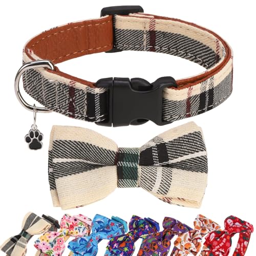 DILLYBUD Plaid Small Dog Collar with Bow Tie Soft Comfy Detachable Bowtie for Small Medium Boy Girl Dogs Quick Release Safety Buckle Puppy Collars Adjustable 10-15 Inch S