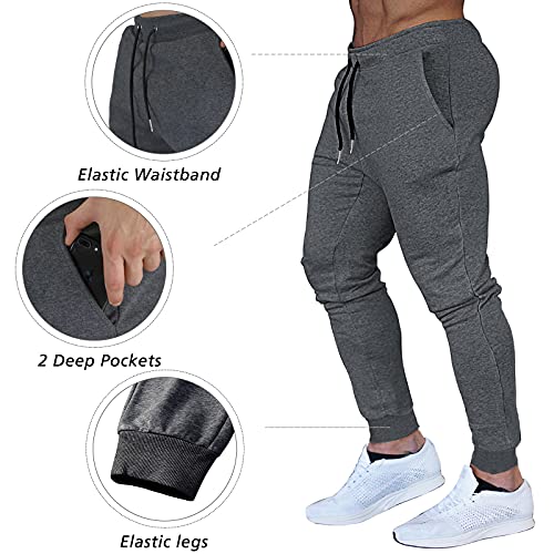 Buxkr Men's Slim Joggers Workout Pants For Gym Running And Bodybuilding Athletic Bottom Sweatpants With Deep Pockets,Dark Grey,L #TOP3