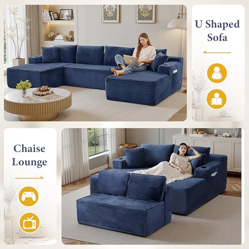 Image of 96 inch Sectional Couches for Living Room Cloud Couch Sofa with L-Shape Upholstered Boneless Couchs Modern Modular Sectional Couch with Chaise (Bule, 133 inch W+U Facing Chaise)