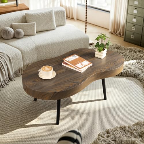Image of Small Irregular Coffee Table Thick Top Cloud Table for Living Room Modern Industrial Coffee Table Wooden Funky Coffee Tables for Small Space Home Office Easy Assembly Rustic Brown