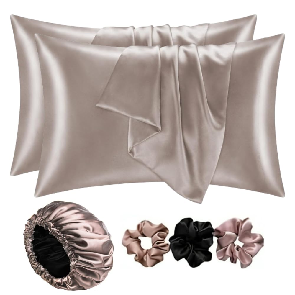Product image of Go well Satin Bonnet for Curly Hair with Free Silk Satin Pillow Covers and Scrunchies | Silk Bonnet for Hair|Best Gift Combo of Pack of 2 Satin Pillowcases with 3 Silk Scrunchies Adjustable HairCap (taupe)