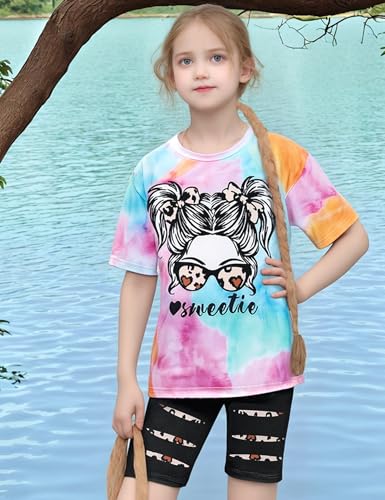 Image of Girls Clothes Short Sleeve Tie Dye Top Shorts and Pants 2PCS Girls Summer Outfits Size 6-16