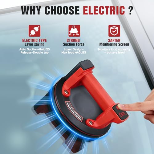 Image of 8 inch Electric Vacuum Suction Cup Lifter, 440 lbs Heavy Duty Vacuum Suction Cup with Digital Display, Glass Suction Cups to Lift Large Glass, Tile Suction Cup Tool for Glass, Tile, Ceramic, Windshield