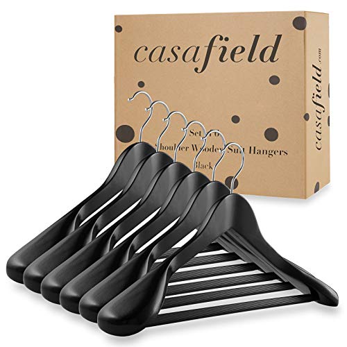 Casafield - 6 Black Wide Shoulder Wooden Suit Hangers - Premium Lotus Wood, Non-Slip Pant Bar & Chrome Swivel Hook For Dress Clothes, Coats, Jackets, Pants, Shirts, Skirts #TOP3
