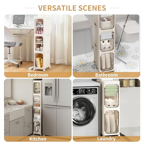 Image of 2-Tier Slim Narrow Bathroom Storage Cabinet, Cream White | Tool Free Assembly, Adjustable shelves, Fits for Narrow Spaces, Lockable Wheels, Magnetic Clear Door