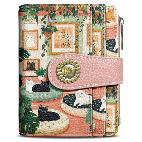 Image of Kelvoris Cute Lovely Black Cats Small Rfid Women Wallet Zipper Coin Pocket | Bifold PU Leather Compact Cash Travel Purse Credit Card Holder for Female Ladies Teen Girls 1 ID Window 10 Card Slots
