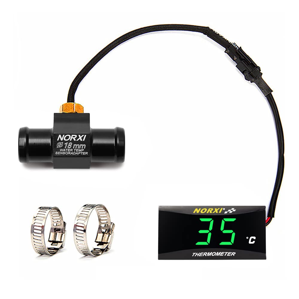 Digitales Motorrad-Thermometer, Universal Motorrad Wassertemperaturmesser mit Sensoren, wasserdichtes Motorrad Thermometer mit Hochtemperaturalarm (18mm, Grün)