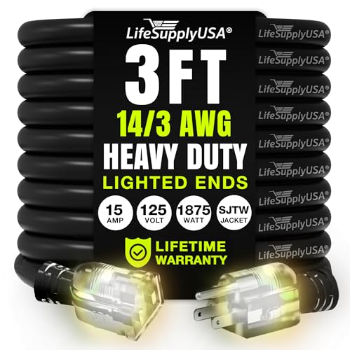 3ft Outdoor/Indoor Extension Cord 14/3 Gauge Heavy Duty 3 Prong SJTW, Waterproof, Flexible Cold-Resistant Long Power Cord,125 Amp 1875W, Black by LifeSupplyUSA