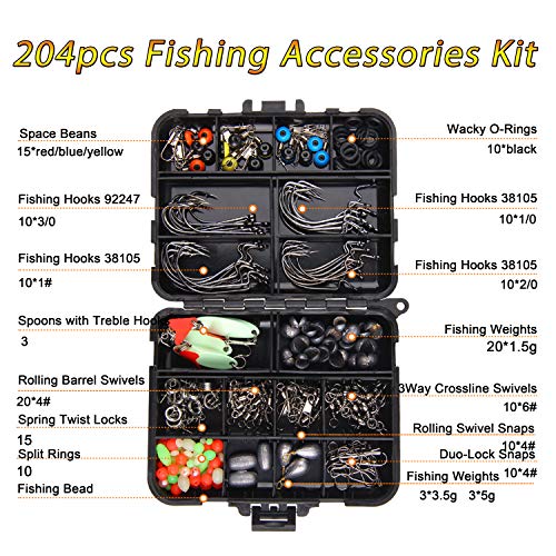 Angelzubehör-Set mit 204-teiligem Tackle Box Set inkl. Haken, Angelsinker, Drehknöpfe, Sinker Slides, Wacky O-Ringe… – Bild 4