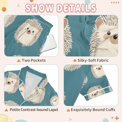 senya Gray Cute Hedgehog P Satin Summer Pajama Sets Silk Short Sleeve Button Down Sleepwear3