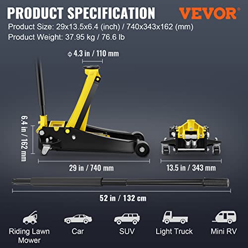 Vevor 4 Ton Low Profile, Heavy-Duty Steel Racing Floor Jack With Dual Pistons Quick Lift Pump, Lifting Range 3.94"-20.98" #TOP6
