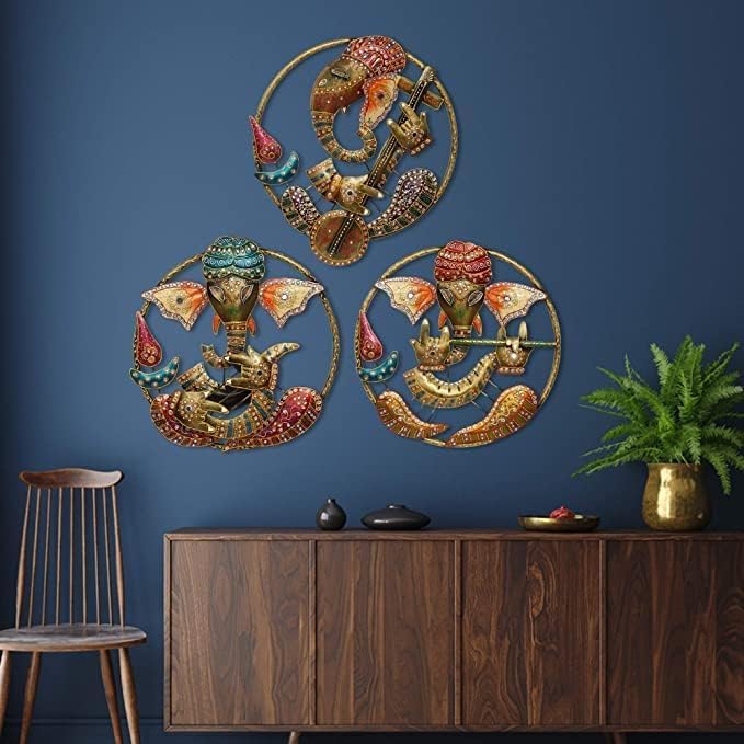 Image of PEDEX Set Of 3 Iron Lord Ganesha Playing Instruments Wall Hanging Sculpture Decorative Religious Showpiece for Home Wall Decor, Pooja Room, Temple & House Warming Gift (18X18 Inch Each)