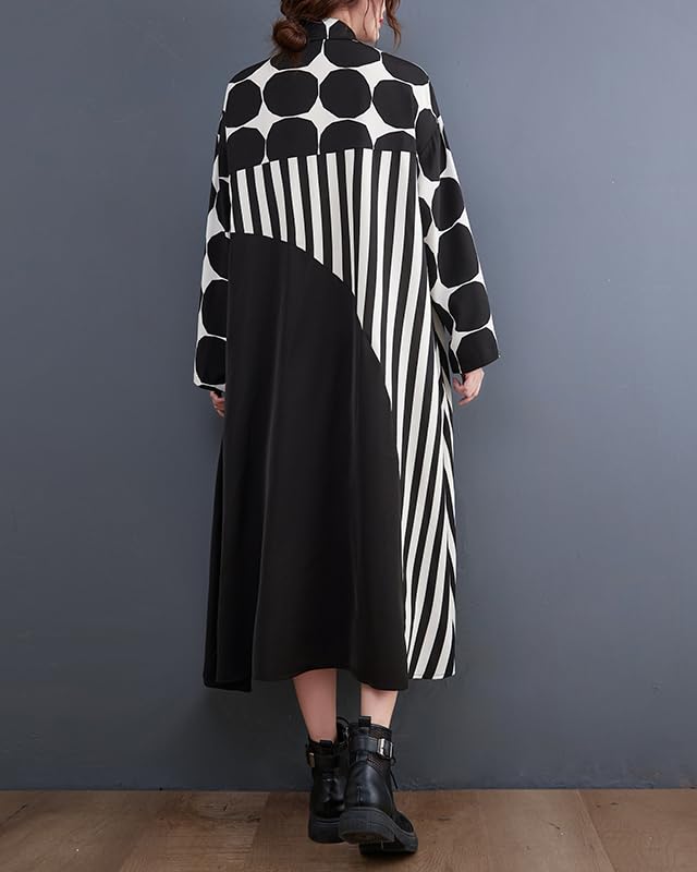 Image of ellazhu Womens Fall Casual Patchwork Funky Long Sleeve Designer Dress Loose Blouse GY2787 A
