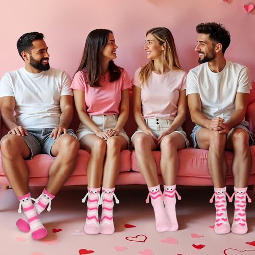 4 pares de meias felpudas de mãos dadas para o dia dos namorados para homens e mulheres meias magnét