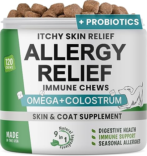 Allergy Relief Dog Chews - Itchy Skin Relief w/Omega 3 + Probiotics + Colostrum - Seasonal Allergies - Anti-Itch Treats - Skin & Coat + Immune Supplement - Made in USA - Chicken Flavor - 120 Ct