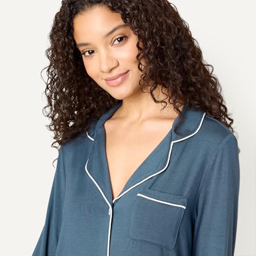 Amazon Essentials x Sofia Grainge Damen Pyjama-Set aus elastischer Modalfaser mit Langen Ärmeln und bodenlangem Unterteil, Dunkles Marineblau, M