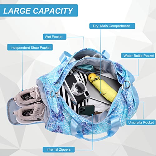 Girls Duffle Bag Weekender Duffel Sport Gym Bag with Shoe Compartment Wet Pocket for Women Girls Dance Bag (Blue Flower)