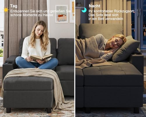 Devoko Ecksofa mit Schlaffunktion und Bettkasten L-Form Sofa 3-Sitzer Ausziehbares Schlafsofa Leinen Couch Kleines Schlafcouch für Wohnung und Wohnzimmer, Dunkelgrau