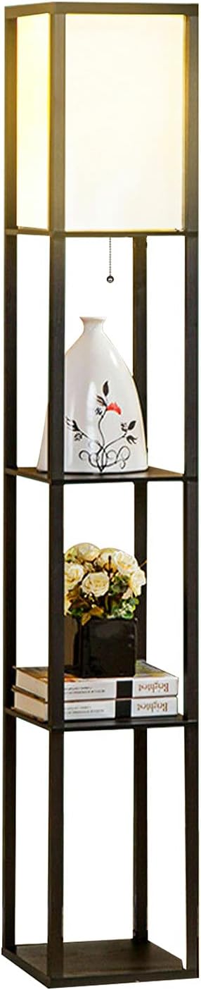ARTETHYS Tall Shelf Floor Lamp - Standing Led Lamp with Display Shelves, Wooden Frame Light with White Linen Shade for Living Room Bedroom (Black)