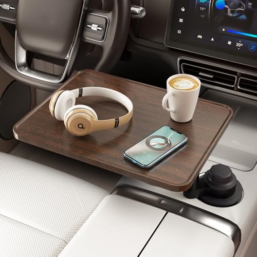 Steering Wheel Tray & Car Desk - 360° Rotating Wooden Cup Holder Table with Car Trays for Eating & Car Laptop Mount, Fits Front/Back Passenger Seat Fits 2.75"-3.93" Cup Holder (Brown) by AXVLU - Used condition - CA$63.57