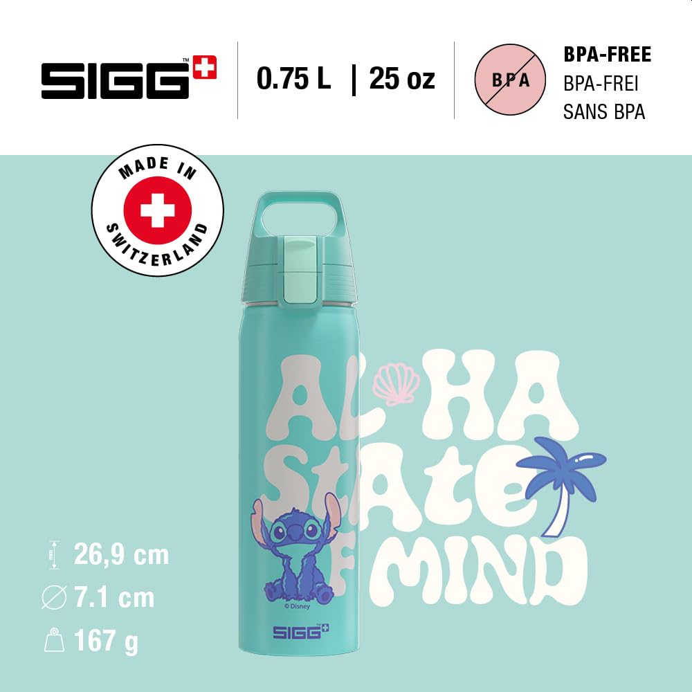 Sigg - Alu Trinkflasche - WMB One Disney Lilo & Stitch - Made in Switzerland - Climatepartner zertifiziert - Für Kohlensäurehaltige Getränke Geeignet - Auslaufsicher - BPA-frei - Türkis - 0.75 L