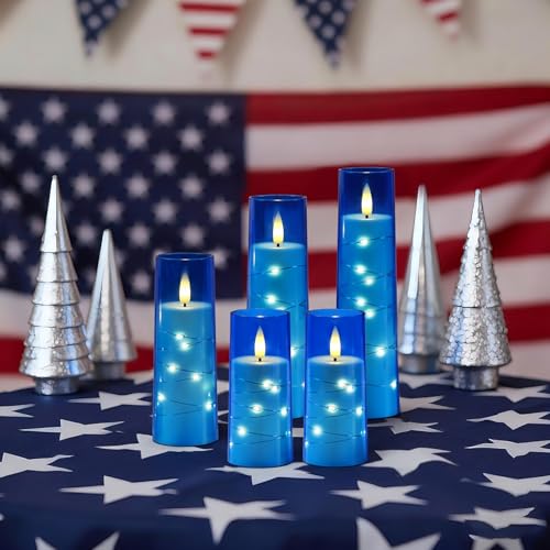 Image of Raycare Independence Day Flameless Candle with Remote Timer - 5 Flickering Acrylic Battery Operated LED Pillar Candles with Embedded Star String for 4th of July Home Patriotic Decor, as a Gift (Blue)