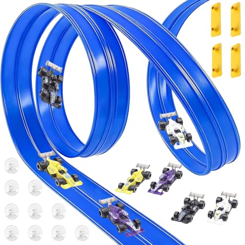 Pista de Coches Flexible 5M, Pista de Coches para Niños, Rampas para Coches Incluye 4 Coches con Rampa y Catapulta, Pista De Carreras Portátil para Niños de 3+ Años