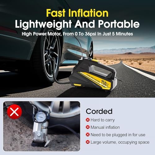 FLYKID Tire Inflator Portable Air Compressor- 12V DC Air Pump for Car Tires with 150PSI LCD Digital Gauge & Emergency LED Light,Auto Tire Pump for Cars,Motorcycles,Bikes,Balls - 1