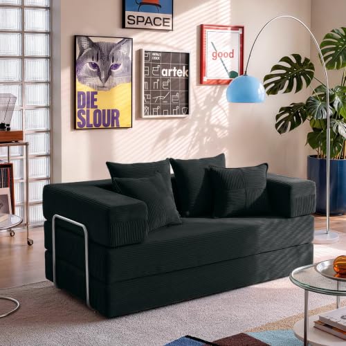 YINIX Sofá Cama 2 Plazas de 160cm, Sofá de Suelo Modular de Pana (Sin Montaje), Sofá Nube Plegable Sin Estructura, Funda Lavable, Cama de Invitados, Negro, 160 x 180cm
