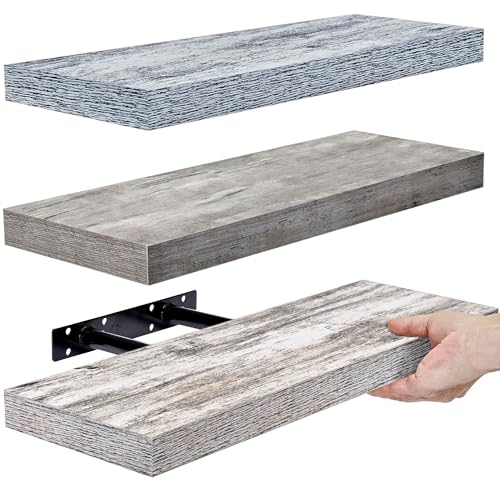 Sorbus Floating Shelves - 3 Pack 16 Inch Rustic Grey Blue Rustic Wall Shelves for Bedroom, Kitchen, Living Room, Bathroom Shelves, Home Decor, Office - Floating Shelf for Trophies, Frames