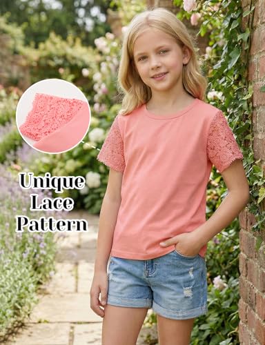 Image of Noomelfish Girls Lace Short Sleeve T-Shirts Kids Summer Cute Tops Blouse(5-12 Years)