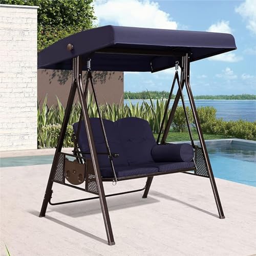 Image of PURPLE LEAF 2-Seat Deluxe Outdoor Patio Porch Swing with Weather Resistant Steel Frame, Adjustable Tilt Canopy, Cushions and Pillow Included, Navy Blue