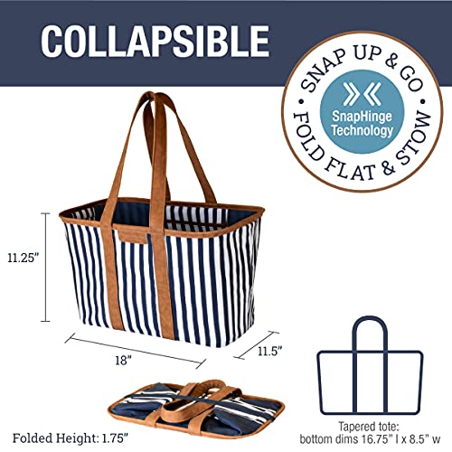 CleverMade Collapsible LUXE Tote - Navy Striped 1 Pack 30L / 8 Gal - Reusable Grocery Shopping Storage Bag Organizer w/ Handles Reinforced Bottom - Image 2