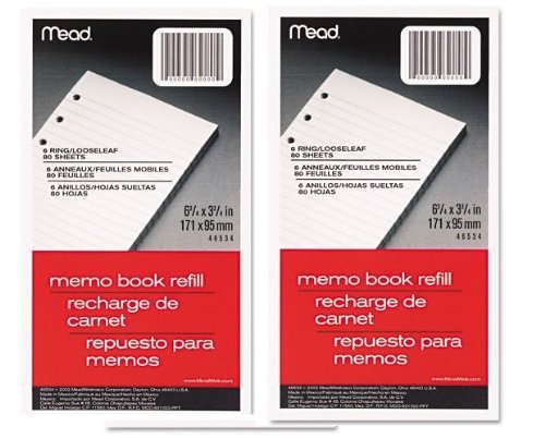 Mead6-ring Memo Book Refill, College Rule, 6hp, 6-3/4 X 3-3/4, 80 Sheets, White, Pk - Mea46534, 2 Pack2