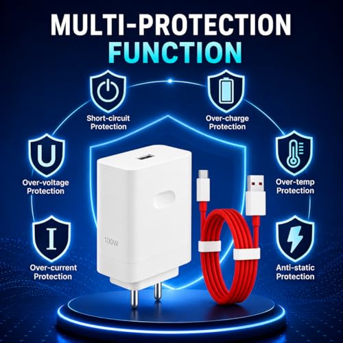 Image of 100W USB-A to Type-C Fast Charger & Cable Compatible with Oneplus /Oppo /Xiaomi /Realme /Samsung /Nothing /Poco /Motorola & Other Type C Devices