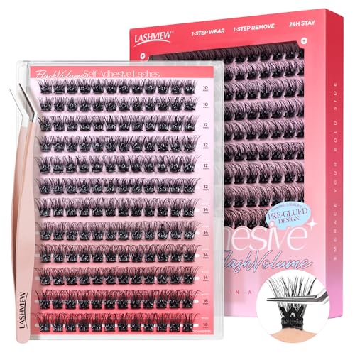 LASHVIEW Selbstklebende Wimpernbüschel Aufklebe-Wimpern mit Wimpernpinzette kein Kleber erforderlich natürliches selbstklebendes DIY-Wimpernverlängerungsset 144 Stück (Z02) 10-16 mm