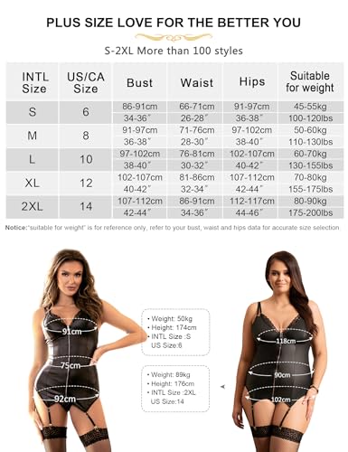 ohyeahlady Lingerie Plus Size Renda Costura Zíper Teddy Preto Festa Clubwear, Preto, 12-14
