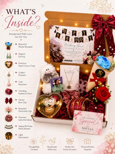 Image of NOVVAA Luxury Birthday Gift Hamper for Women & Girls | Rose Bouquet, Jewellery Set, Bangles, Hair Accessories, Teddy Keychain & Chocolate | Personalized Birthday Gift Box