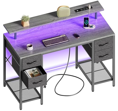 Image of Huuger 47 inch Computer Desk with 4 Drawers, Gaming Desk with LED Lights & Power Outlets, Home Office Desk with Large Storage Space for Bedroom, Work from Home, Grey