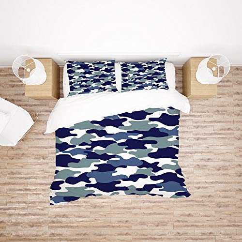 Housse de couette sans pli parure lit double camouflage bleu anti bouloche - 3