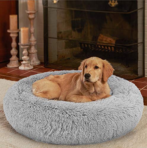 Ompaa Fluffy Round Orthopedic Dog Beds for Medium Dogs and Cats, Super Soft Plush Calming Pet Beds Washable, Puppy & Kitten Faux Fur Anxiety Donut Cuddler - Grey