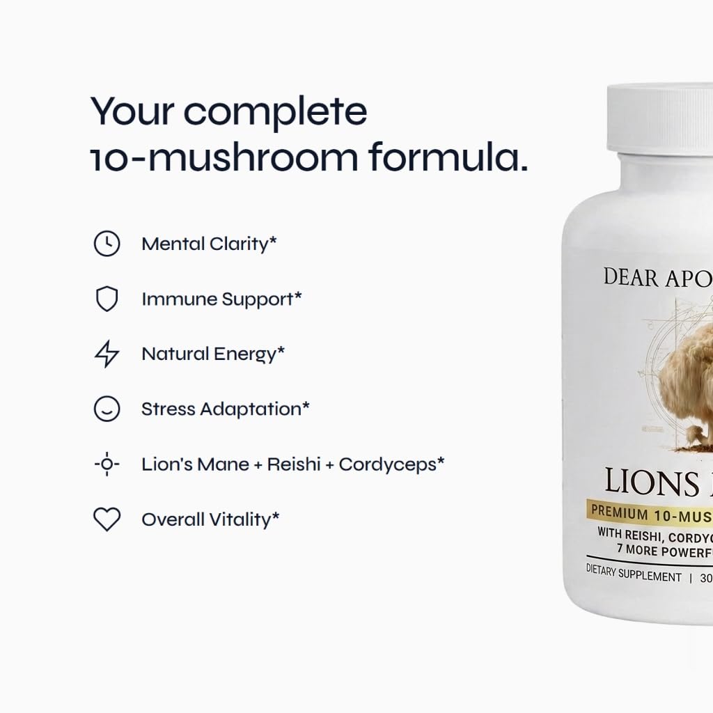 Lions Mane 10x Mushroom Complex 10 in 1, Cordyceps Reishi Shiitake Chaga Maitake Turkey Tail, Brain Focus & Immune Support, 60 Veggie Capsules — Amazon image 2