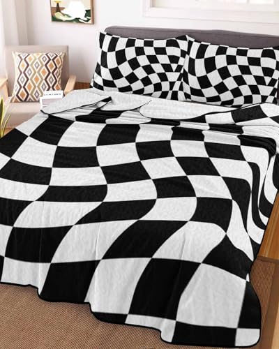 3-Piece Summer Quilt Twin XL Size, Black and White Checkered Lightweight Cooling Bedding Comforter Blanket with 2 Pillow Shams, Modern Irregular Geometric Bedspreads Quilted Coverlet Sets 68