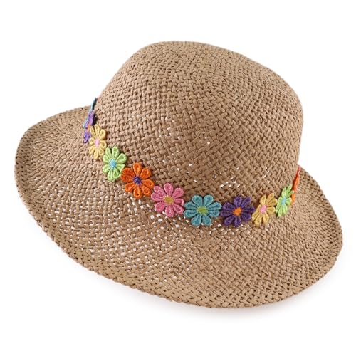 Baby Girl Straw Hat 3-6 Years Girls Summer Beach Hats with Bowknot Sun Protection Hats for Kids (52cm Colorful Flowers-Khaki)