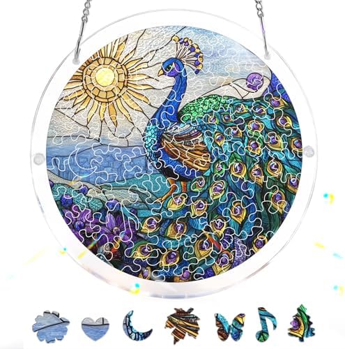 Acrylic Puzzle Suncatcher Peacock 83 Pieces, DIY Stained Glass Window Art, Jigsaw Puzzles for Adults, 7.4 Inch Double-Sided Light Catcher with Chain, Unique Home Decor & Birthday Gift
