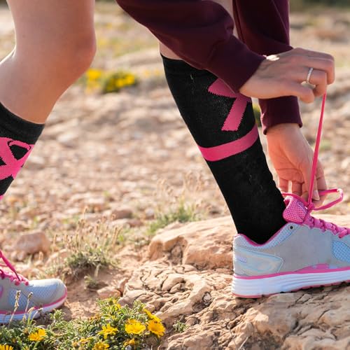 Image of Haysandy 24 Pairs Breast Cancer Awareness Socks Bulk Pink Ribbon Socks Women Football Volleyball Softball Cheer Pink Out Game